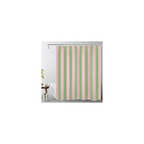 Rideau de douche rayures roses/vertes 150x180 cm, design minimaliste vintage avec 10 crochets