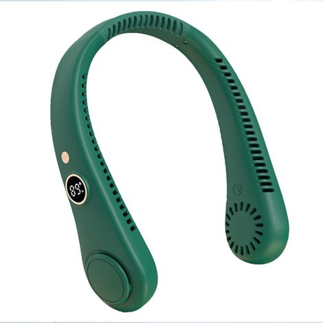 Nuevo producto transfronterizo: Ventilador de cuello sin aspas — Recargable por USB, portátil y manos libres, pantalla digital, mini ventilador deportivo plegable — Pantalla digital (verde-azul) [Bate