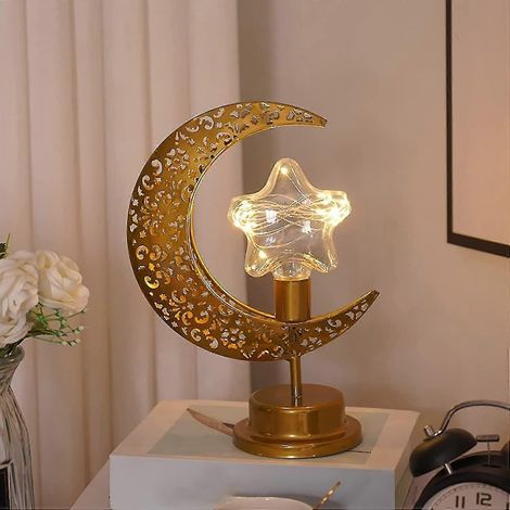 Lampe Lune Ramadan, veilleuse LED suspendue en forme de lune et d'étoile, lampe de table en fer en forme de croissant de lune Ramadan, décoration pour l'Aïd (1/5)