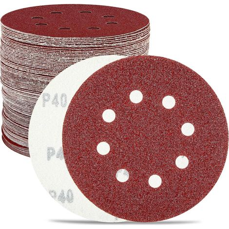 Disques abrasifs, lot de 100, 125 mm, grains P40/P60/P80/P100/P120/P150/P180/P240/P320/P400, 8 trous pour ponceuse orbitale (1/5)