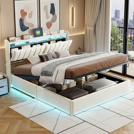Lit coffre 140x200 avec LED et USB, lit double avec rangement et tete de lits, lit capitonné avec sommier à lattes lit 2 personnes cadre de lits, velours, beige (1/5)