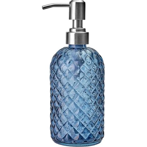 Distributeur de savon liquide en verre bleu avec pompe en acier inoxydable, motif pierres précieuses, rechargeable, pour la maison, la cuisine et la salle de bain. (1/5)