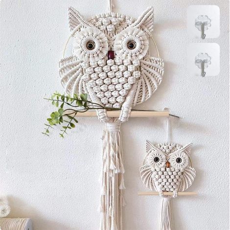 Tapisserie tissée à la main en forme de hibou (lot de 2) — Décoration murale de style bohème idéale pour la maison, le bureau, le salon et la chambre à coucher. (1/5)
