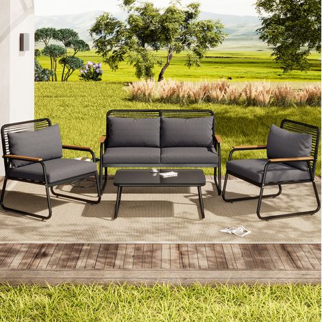 divano seduta set giardino con tavolo vetro nero OKMYHOME (1/5)
