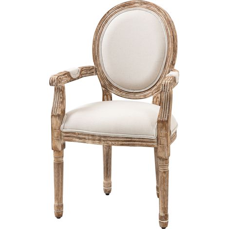 Chaise de salle à manger rétro tissu épais accoudoirs en lin dossier salon rembourrée pieds caoutchouc bois crème+bois