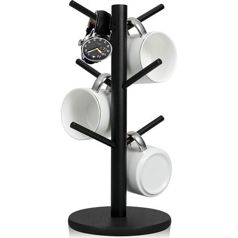 Support de Tasse à Café,Porte-Gobelet à Café en Bois avec Base épaisse,Support de Rangement avec 6 Crochets,Multifonction Mug Suspendu pour Tasses,Thé et Bijoux(Noir) (1/5)