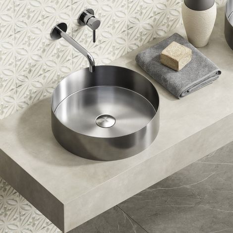 Lavabo da appoggio rotondo in acciaio inox finitura spazzolata KVE-380AI kamalu