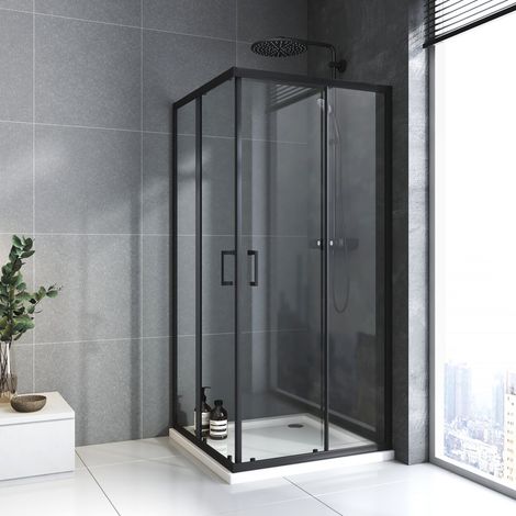 WDWRITTI Duschkabine Schwarz 100x100cm Eckeinstieg Doppel Schiebetür 6mm ESG Sicherheitsglas Duschschiebetür Duschabtrennung Duschwand Höhe: 185cm