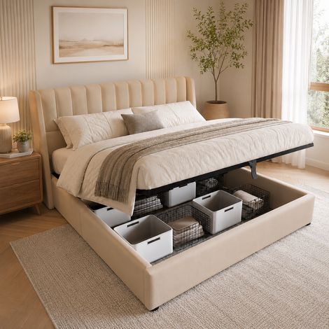 Lit coffre 160x200cm, Lit double avec rangement hydraulique et sommier à lattes, Cadre de lit pour adulte adolescent, beige lin lit rembourré (1/5)