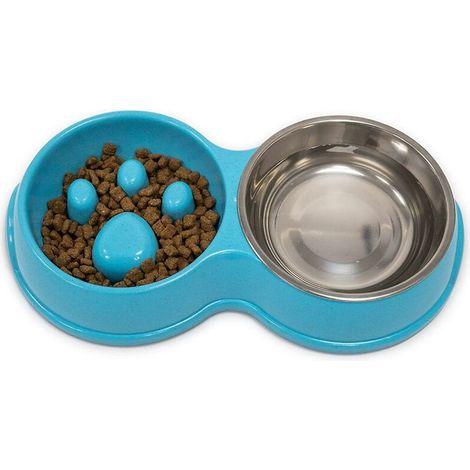 Double Feeder Slow Feeder Interactive Feeder Inox Antidérapant Bleu (1/5)