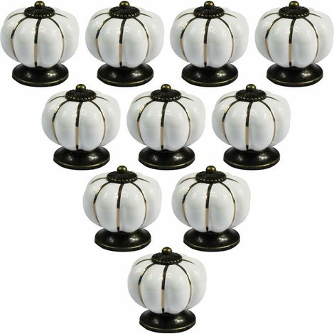Set di 10 pomelli in ceramica a forma di zucca in stile vintage europeo per mobili, cassettiere, armadi e cassetti, colore bianco.