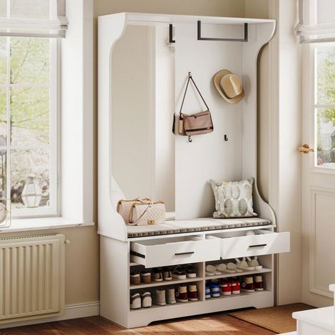 Garderobe - Garderobe 180 cm - Eingangs Möbel - Schuhbank - Integrierter Spiegel - 4 Haken - 2 Schubladen - Moderner Stil