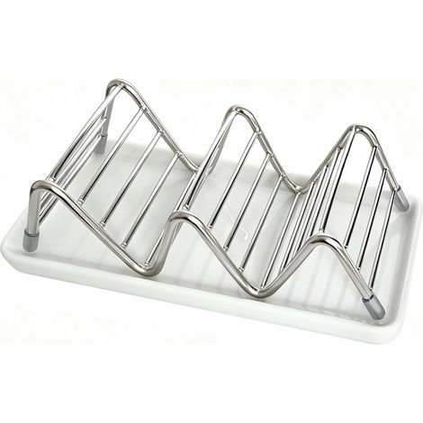 Porte-savon en acier inoxydable auto-drainant avec plateau en céramique, économiseur de savon style W pour salle de bain, évier, cuisine et comptoir (blanc) (1/5)