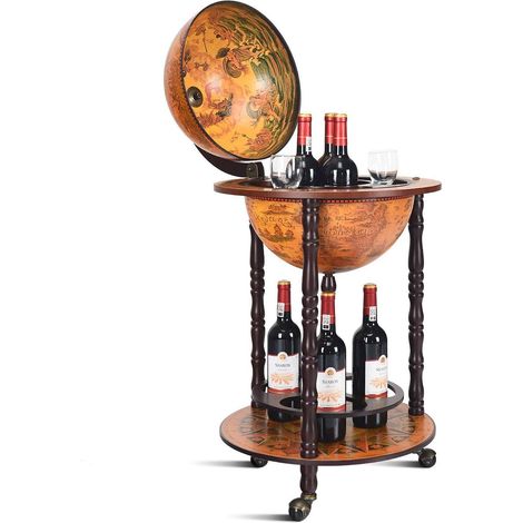 GOPLUS Bar Globe Terrestre avec 3 Roues-Porte Bouteilles en Bois-Mini Bar Roulant-4 Compartiments-Bon Cadeau (Cafe) (1/5)