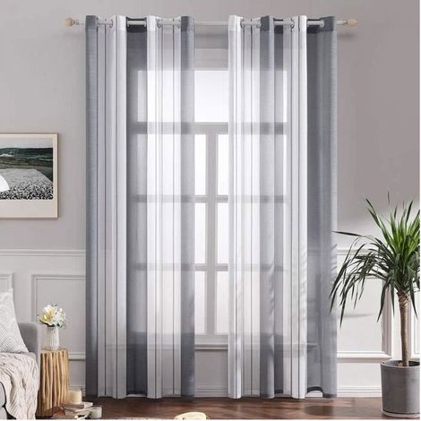 Lot de 2 Rideau Voilage Imprimes Rideaux à Oeillets Panneaux de Rideaux Intérieurs Semi-Transparent Blanc+Gris Rayures,140x260cm (1/4)
