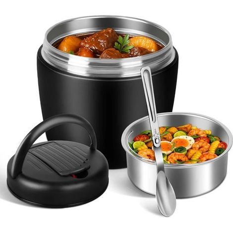 Boîte Isotherme Repas 1200ml Inox Noir avec Cuillère Pliante Poignée, École Bureau Camping