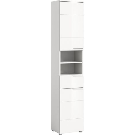 Solero Hochschrank Bad 2 Türen, 1 Schublade, 2 Regale Weiß hochglanz, weiß.