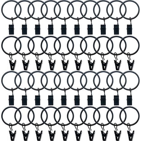 40 Pieces Metal Curtain Rings with Clips, Curtain Clips, 32mm Inner Diameter, Black (1/5)
