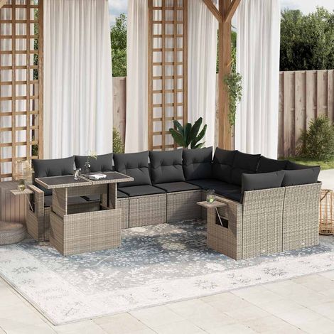 Set sofás jardín 10 pzas con cojines ratán sintético gris claro vidaXL (1/5)