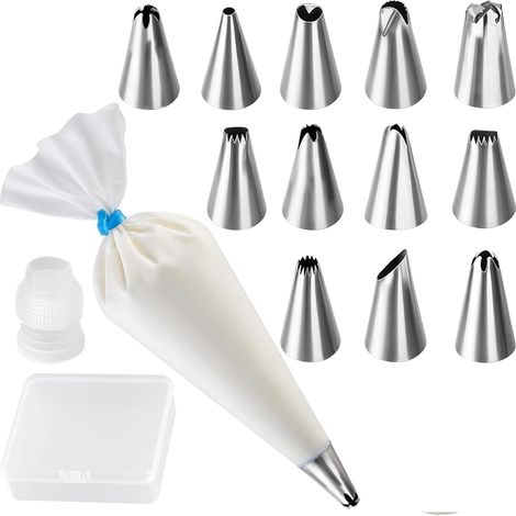 Kit de décoration de gâteaux avec 12 douilles en acier inoxydable, poche à douille réutilisable de 31 cm et adaptateur, accessoires pour crèmes, glaçages, cupcakes et desserts (1/5)