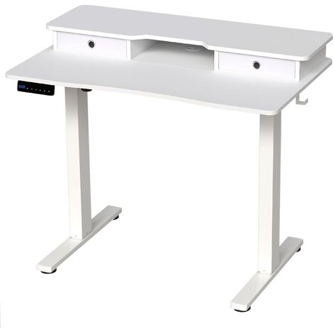 Bureau assis-debout électrique réglable en hauteur 100 x 60 x 73-122 cm avec support écran et 2 tiroirs design blanc