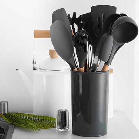 Set di 12 utensili da cucina silicone maniglie legno Girgio resistente al calore antiaderente facile pulire per pentole padelle (1/4)