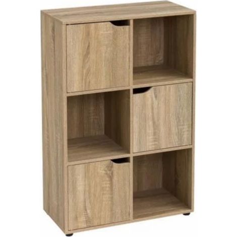 Bibliothèque - JUANIO - 60x29x90 cm - 3 portes 3 cases - MDF / panneaux de particules - Coloris naturel (1/4)