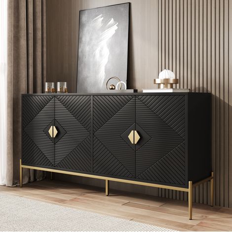 Aparador de MDF y tablero de partículas negro 162 x 40 x 80 cm, 4 puertas, patas metálicas (1/5)