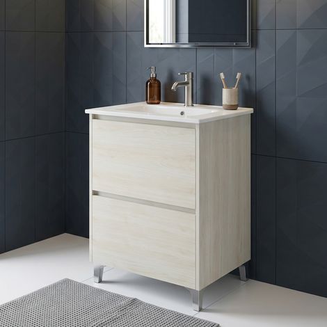 Meuble vasque L.60cm sur pied 2 tiroirs Chêne blanchi LISBONA- sans colonne (1/5)