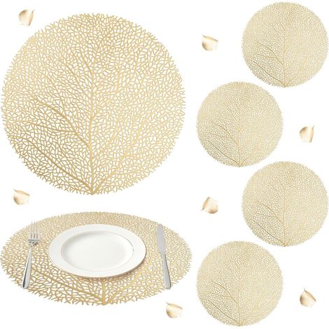 Kindfiber OÜ-Lot de 6 Sets de Table Or Ronde Motifs Corail,  Dessous Assiette Imperméables Lavable pour Cuisine Fête et Salle à Manger Décoration (1/5)