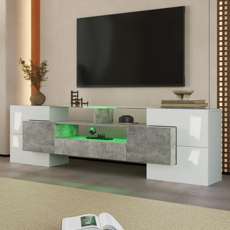 Meuble TV moderne blanc laqué brillant 200 cm avec éclairage LED, meuble bas salon design, surface en verre élégante, buffet TV haut de gamme. (1/5)