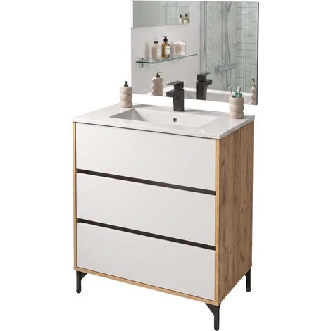 Mueble de Baño para Lavabo 80 cm Elba 3 Cajones Guías Metálicas Blanco Mate y Roble Kraft (SIN Lavabo) (1/5)