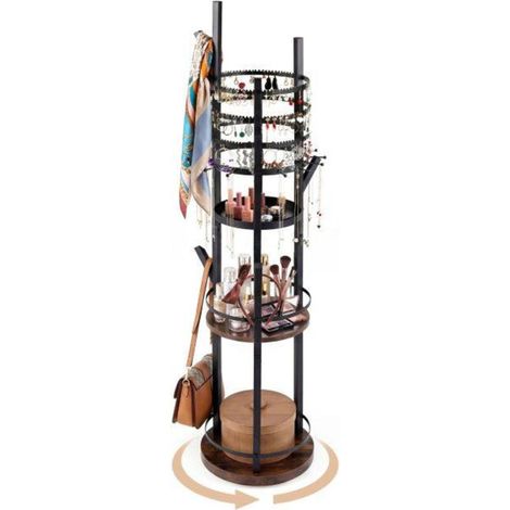 Gain de place rangement bijoux sur pied rotatif 360°, étagères et crochets, pour colliers et boucles d'oreilles (1/5)