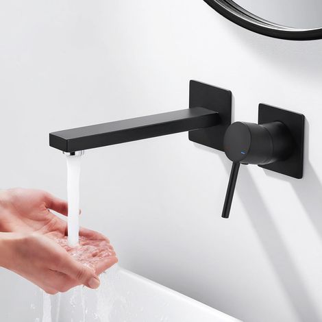 Robinet de Lavabo Encastré, Robinet de Salle de Bain 2 Trous en Cuivre, Mitigeur Salle de Bain avec Aérateur M24 Amovible pour Lavabo de Salle de Bain ou Hôtel, Noir (1/5)