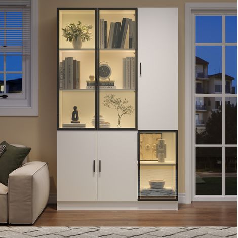 Vitrina alta con LED 120 x 35 x 200 cm blanca con puertas de vidrio y marco de aluminio (1/5)