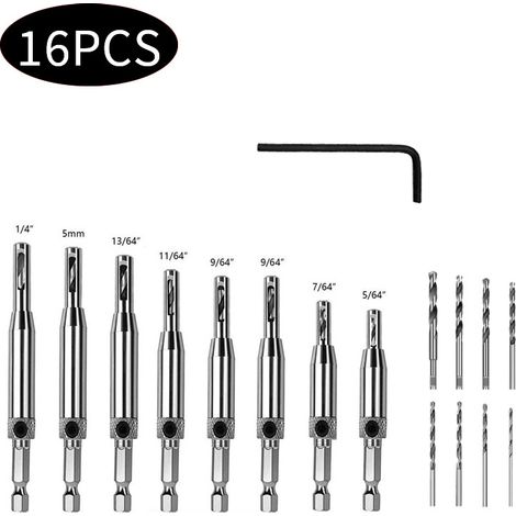 Set di 16 punte da trapano autocentranti, set di punte da trapano autocentranti con attacco esagonale per cerniere di porte e finestre, cambio rapido. Include 1 chiave esagonale e 8 punte da trapano.