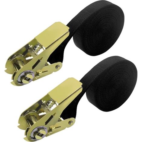Lot de 2 sangles d'arrimage à cliquet de 6 m - Noir - Capacité d'arrimage : 800 kg - Résistance à la rupture - 6 m x 25 mm - Pour moto, voiture, remorque, maison (1/4)