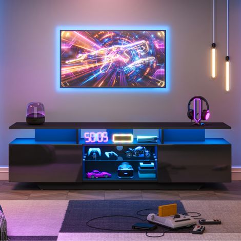 Mobile TV 1604045 cm, supporto TV con 2 ante, mobile per soggiorno, mobile TV lucido con striscia LED, moderno centro di intrattenimento TV con 8 ripiani, MDF, TV da 70 pollici, nero (1/5)