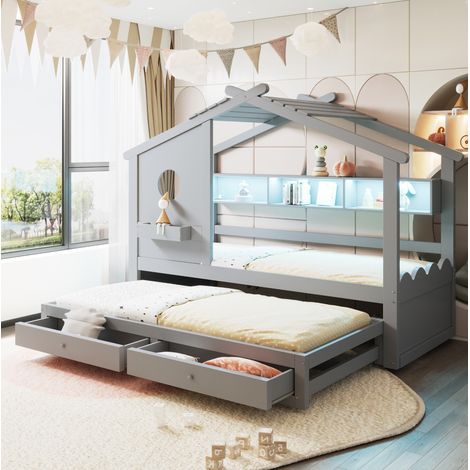 Kinderbett 90x190/200 cm mit 2 Schubladen, LED, in Holz grau, ohne Matratze (1/5)