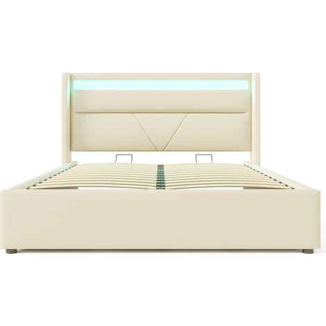 Cama con canapé abatible hidráulico 160x200 cm en PU blanco con tira LED HOMVRA (1/5)