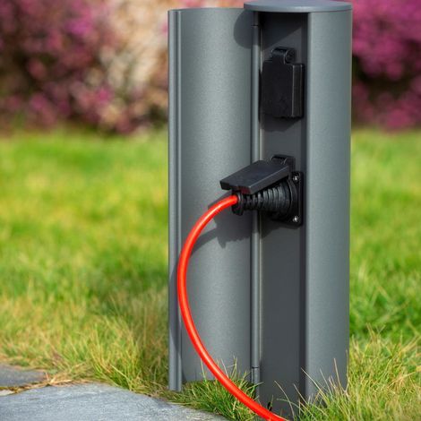 Lucide POWERPOINT - Steckdosensäule für den Außenbereich - Steckdose mit Erdungsstift - Typ F - EUR/RUS-Norm - Ø 10 cm - IP44 - Anthrazit (1/5)