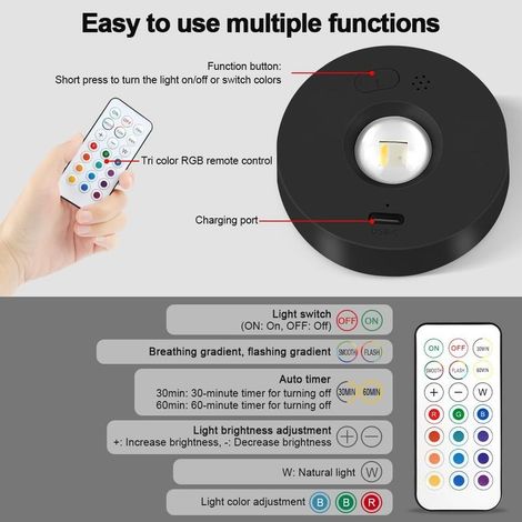 Lampes LED RGB Rechargeables avec Télécommande, 3 Packs Puck lumières, Lampe de Cuisine Sous Placard, avec Fonction de Synchronisation, Éclairage Sans Fil à Coller, Pour Armoire, Vitrine (1/5)