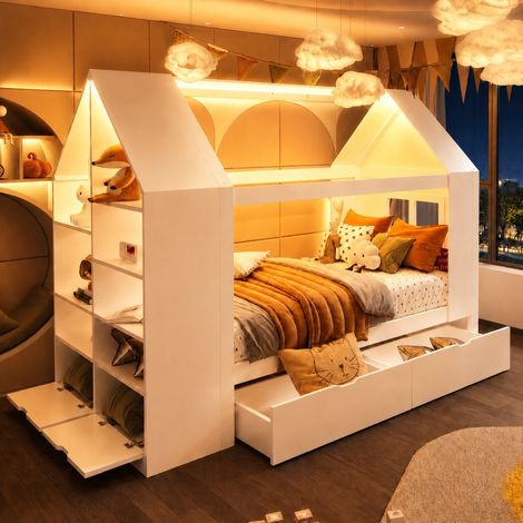 Letto per bambini a casetta 235x95x154.5 cm, con cassetti, LED, spazio contenitore, legno massiccio, bianco (1/5)