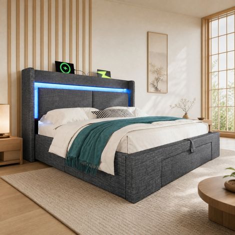 Letto contenitore imbottito 140x200 cm con testiera portaoggetti, LED e USB, lino grigio (1/5)