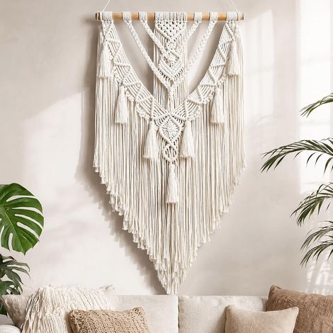 Macramé Boho Décoration Murale 70 x 40 cm - Tenture Murale Fabriquée À La Main 100% Coton Avec Franges - Style Rétro Décoration Murale Pour Salon Et Chambre (1/5)