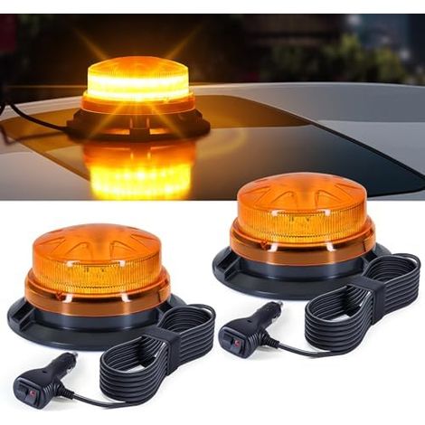 Lot 2 Gyrophares LED AnTom 9-60V Jaune, Câble 3 m Double Interrupteur, Chariot Tracteur Chantier UTV Remorque (1/5)