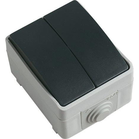 Interrupteur Double Étanche IP54 10A, 230V, 2300W Polycarbonate Résistant pour Extérieur et Intérieur Idéal Terrasses et Jardins, Gris, Polycarbonate (1/4)