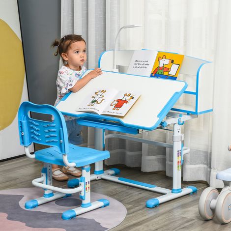 Bleu clair - Bureau et chaise réglables 6-12 ans, plateau inclinable 45°, lampe, tiroir, étagère, pupitre, acier et MDF, mobilier scolaire