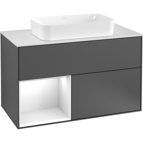 Finion, Mueble de baño, 1000 x 603 x 501 mm, Angular, con estantería (iluminado), modelo suspendido, De madera, lavabo en el medio, iluminación LED, 1x LED / 2.3W, 2x LED / 4.2W, 2700 K hasta 6480 K, 