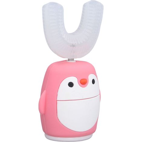 Wiederaufladbare elektrische Zahnbürste für Kinder, U-Form, Pinguinrosa, weiche Borsten, integrierte Zahnpasta, Lithiumbatterie, für ältere Kinder (1/5)